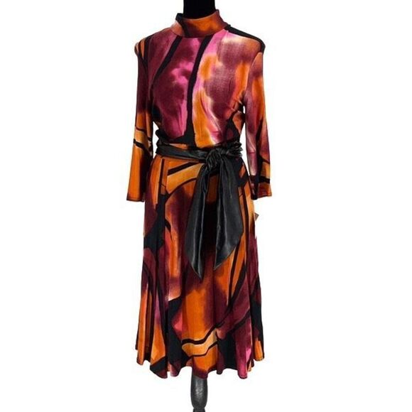 Vintage Joseph Ribkoff Womens Geometric Mock Neck Midi Dress Multi Size 8 NWT